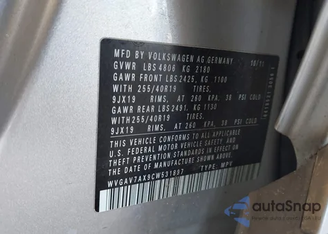 2012 Volkswagen Tiguan Sel z USA, uszkodzony, nr VIN WVGAV7AX9CW531897